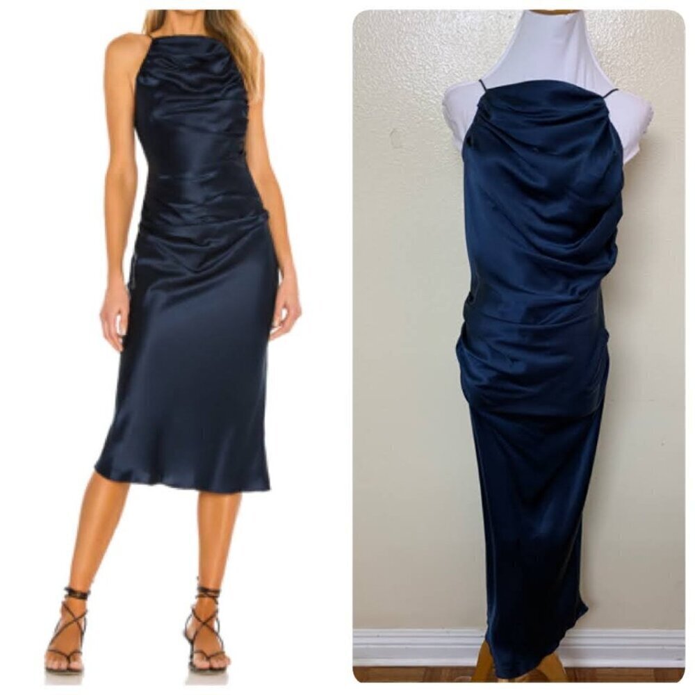 Amanda Uprichard GEORGINA Midi Satin Silk Ruched Dress MEDIUM in INK BLUE $277